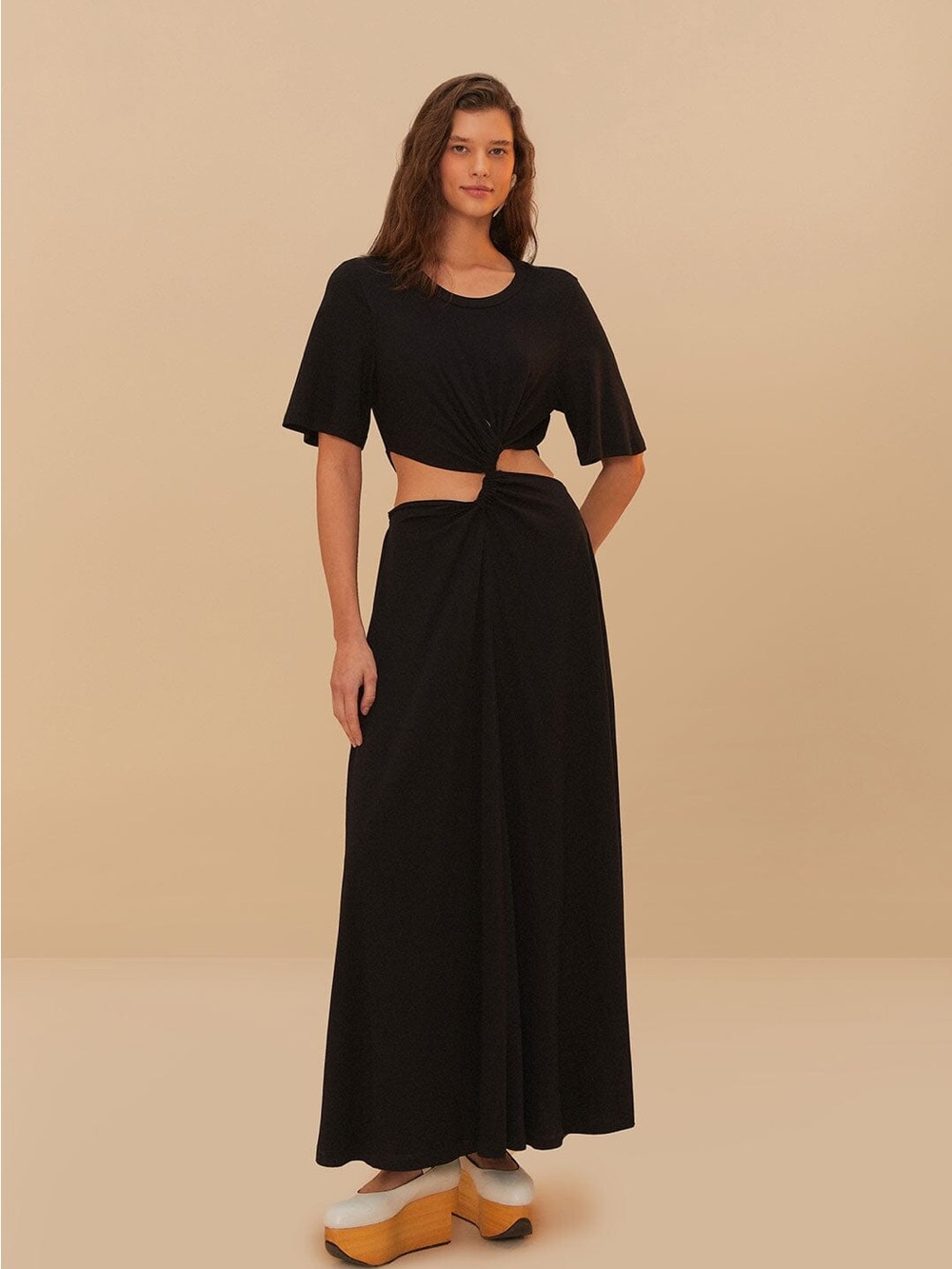 FARM Rio Black Cut-Out Short Sleeve Midi Dress waist and chic side cut-outs